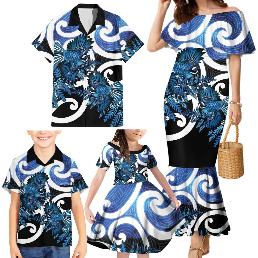 Piwakawaka New Zealand Matariki Family Matching Mermaid Dress and Hawaiian Shirt Maori New Year Silver Fern Blue Galaxy