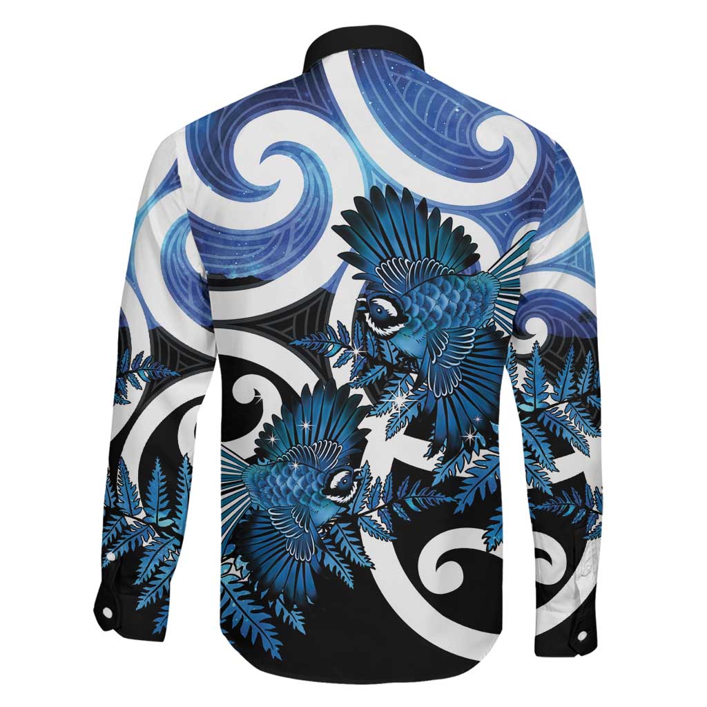 Piwakawaka New Zealand Matariki Family Matching Off The Shoulder Long Sleeve Dress and Hawaiian Shirt Maori New Year Silver Fern Blue Galaxy LT14 - Polynesian Pride