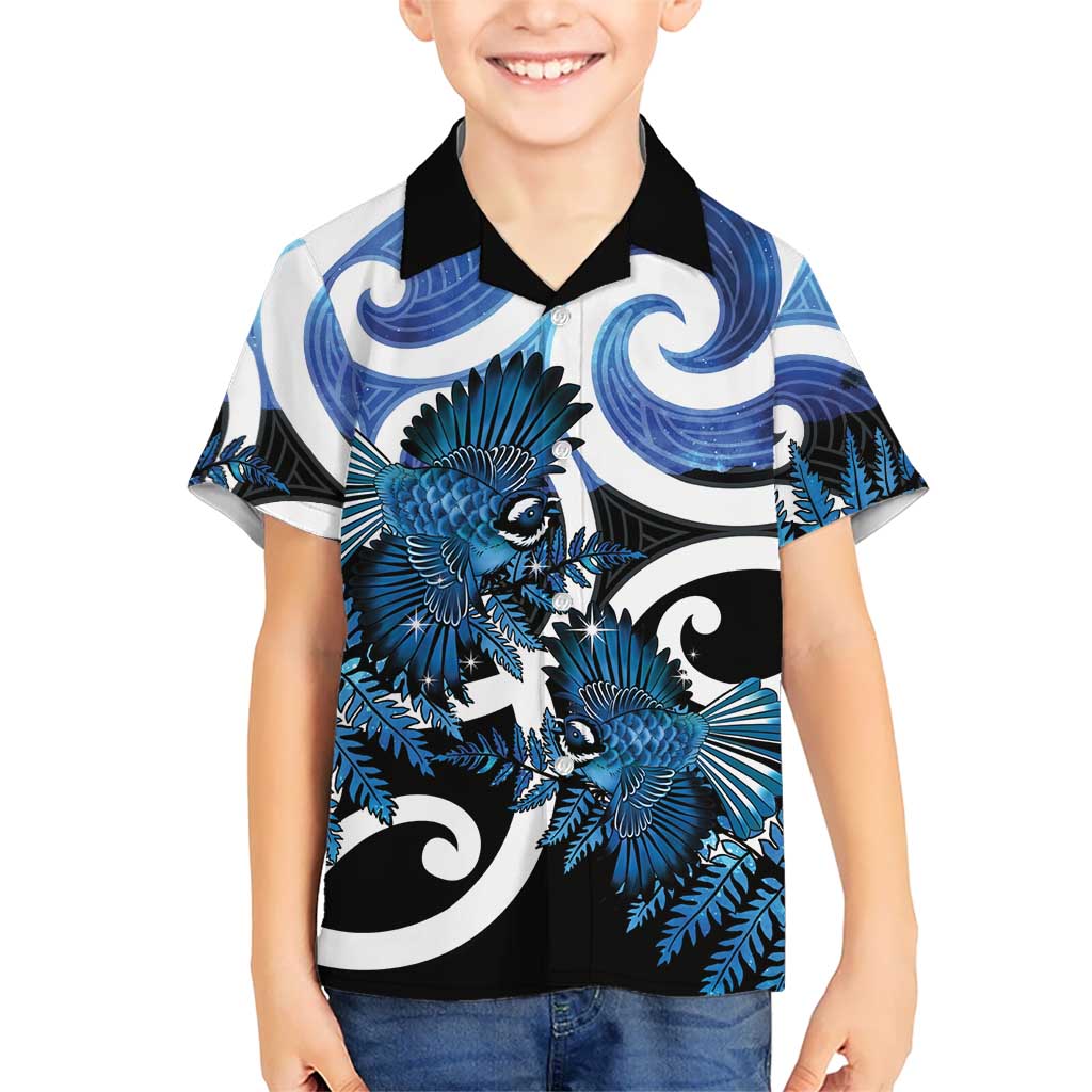 Piwakawaka New Zealand Matariki Family Matching Off Shoulder Maxi Dress and Hawaiian Shirt Maori New Year Silver Fern Blue Galaxy LT14 Son's Shirt Blue - Polynesian Pride
