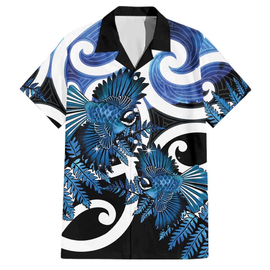 Piwakawaka New Zealand Matariki Family Matching Off Shoulder Short Dress and Hawaiian Shirt Maori New Year Silver Fern Blue Galaxy LT14 Dad's Shirt - Short Sleeve Blue - Polynesian Pride