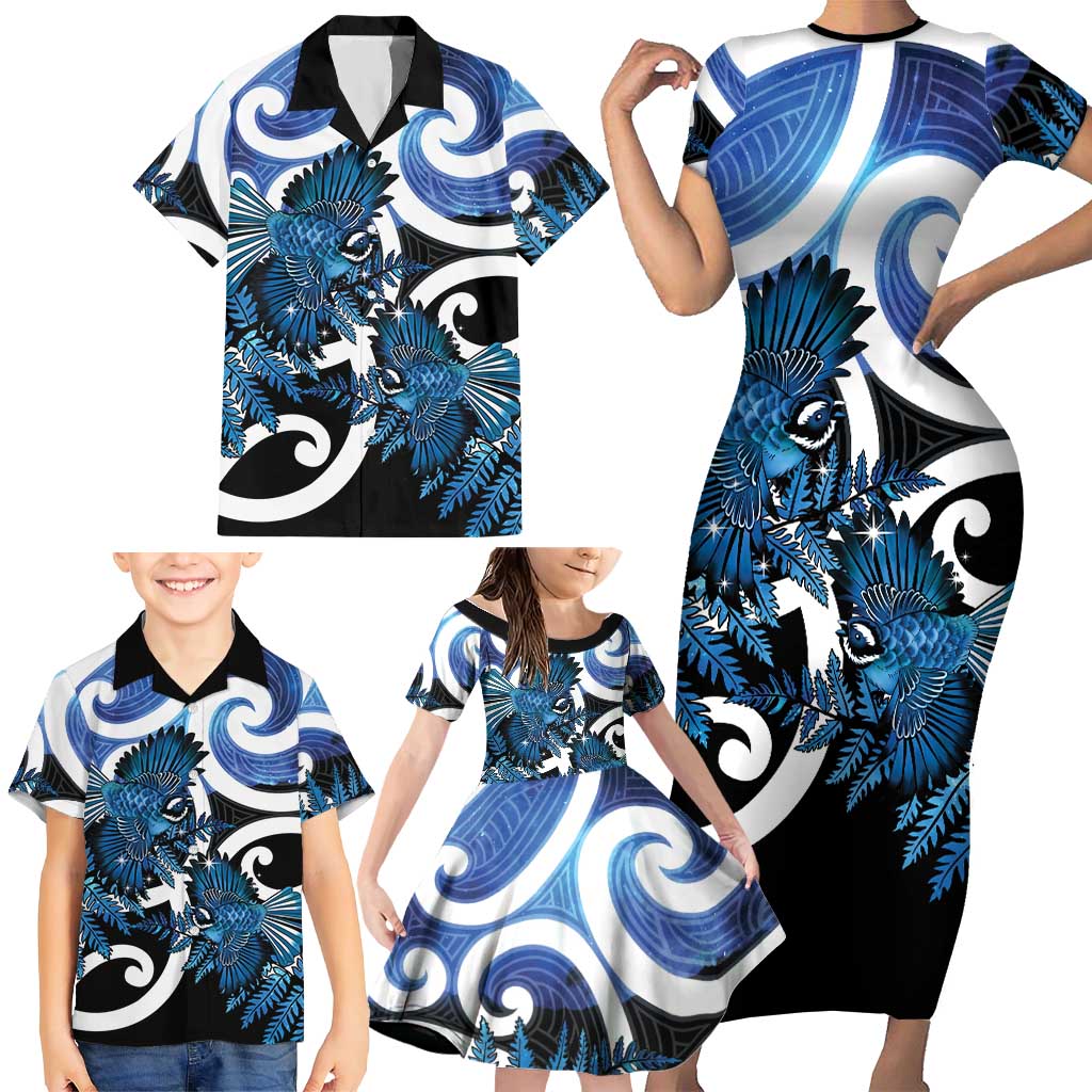 Piwakawaka New Zealand Matariki Family Matching Short Sleeve Bodycon Dress and Hawaiian Shirt Maori New Year Silver Fern Blue Galaxy