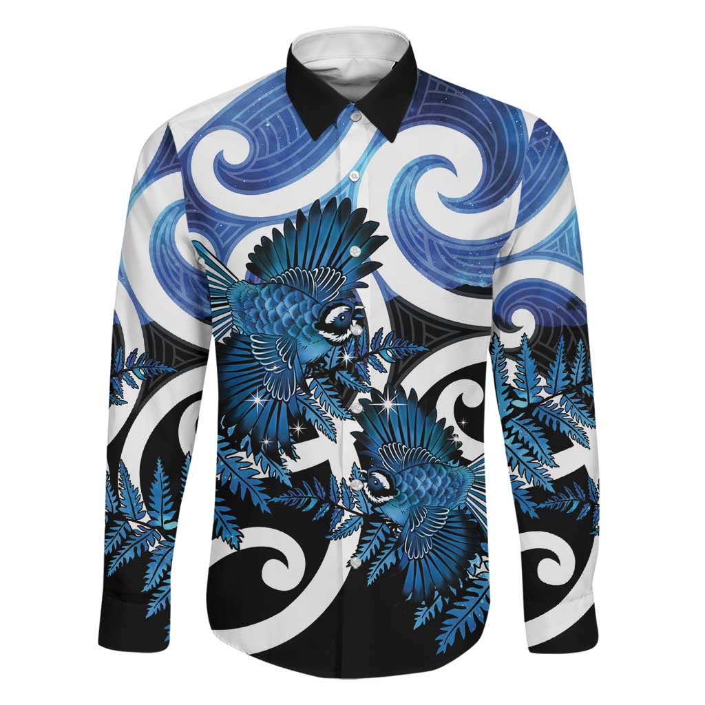 Piwakawaka New Zealand Matariki Family Matching Tank Maxi Dress and Hawaiian Shirt Maori New Year Silver Fern Blue Galaxy LT14 Dad's Shirt - Long Sleeve Blue - Polynesian Pride