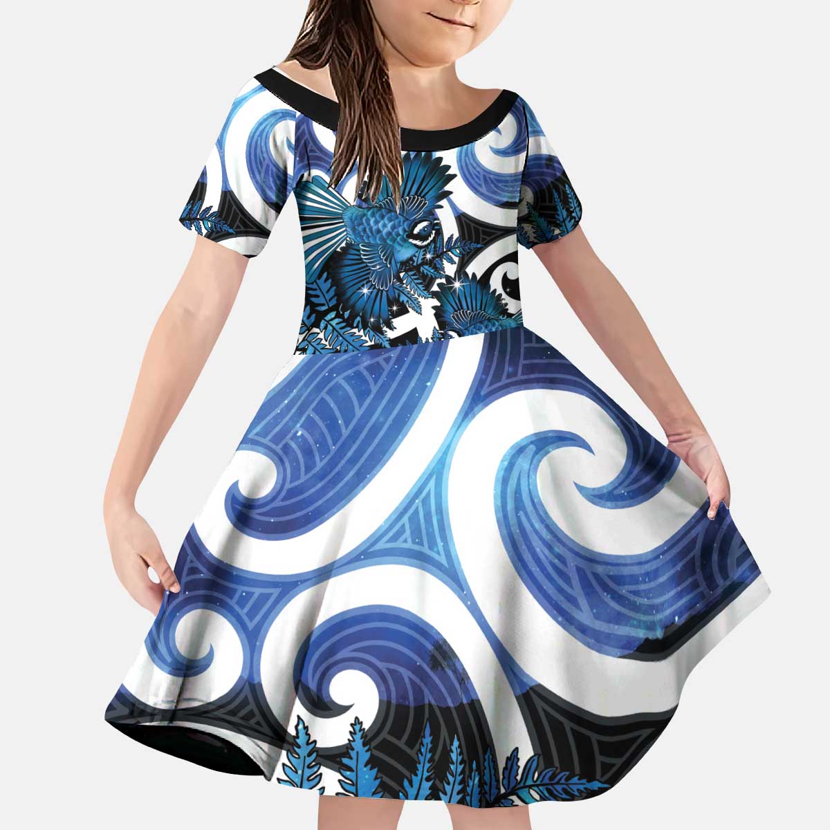 Piwakawaka New Zealand Matariki Kid Short Sleeve Dress Maori New Year Silver Fern Blue Galaxy LT14 KID Blue - Polynesian Pride