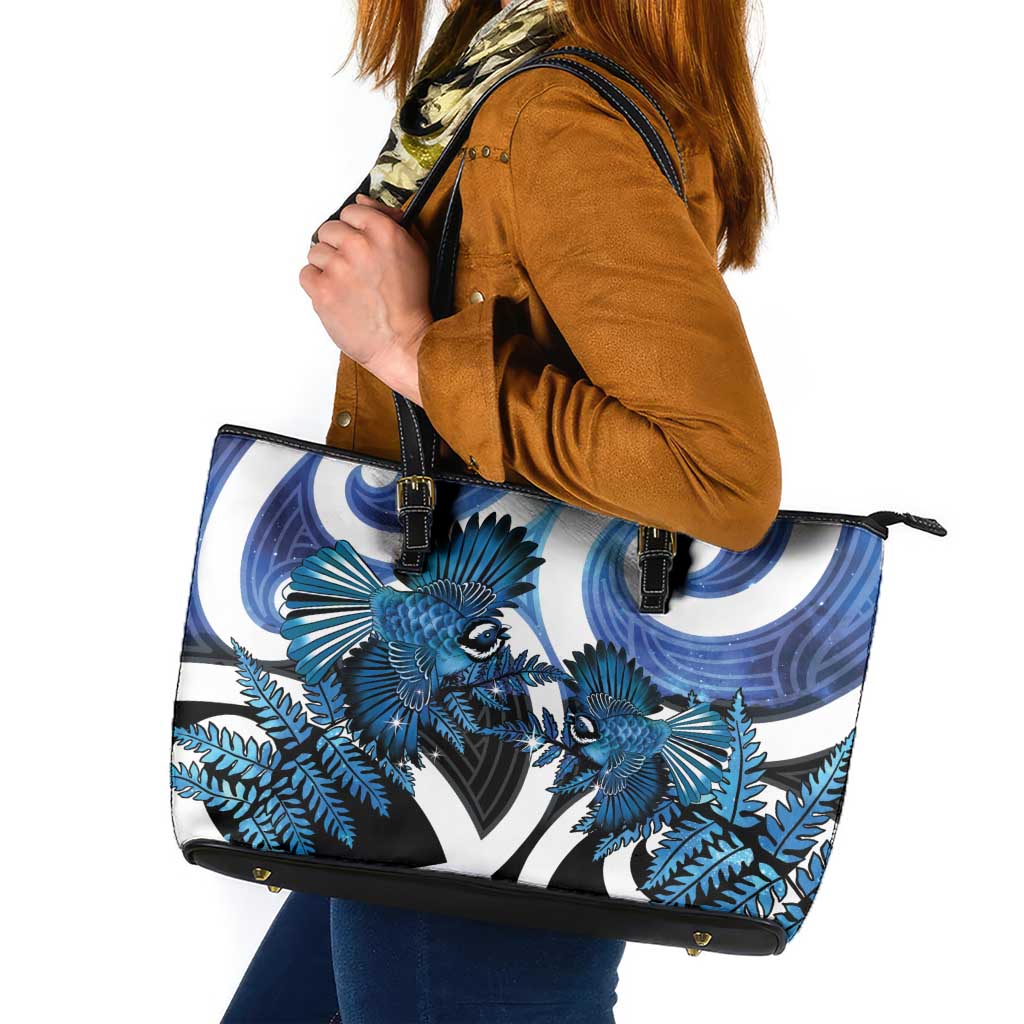 Piwakawaka New Zealand Matariki Leather Tote Bag Maori New Year Silver Fern Blue Galaxy LT14 Blue - Polynesian Pride