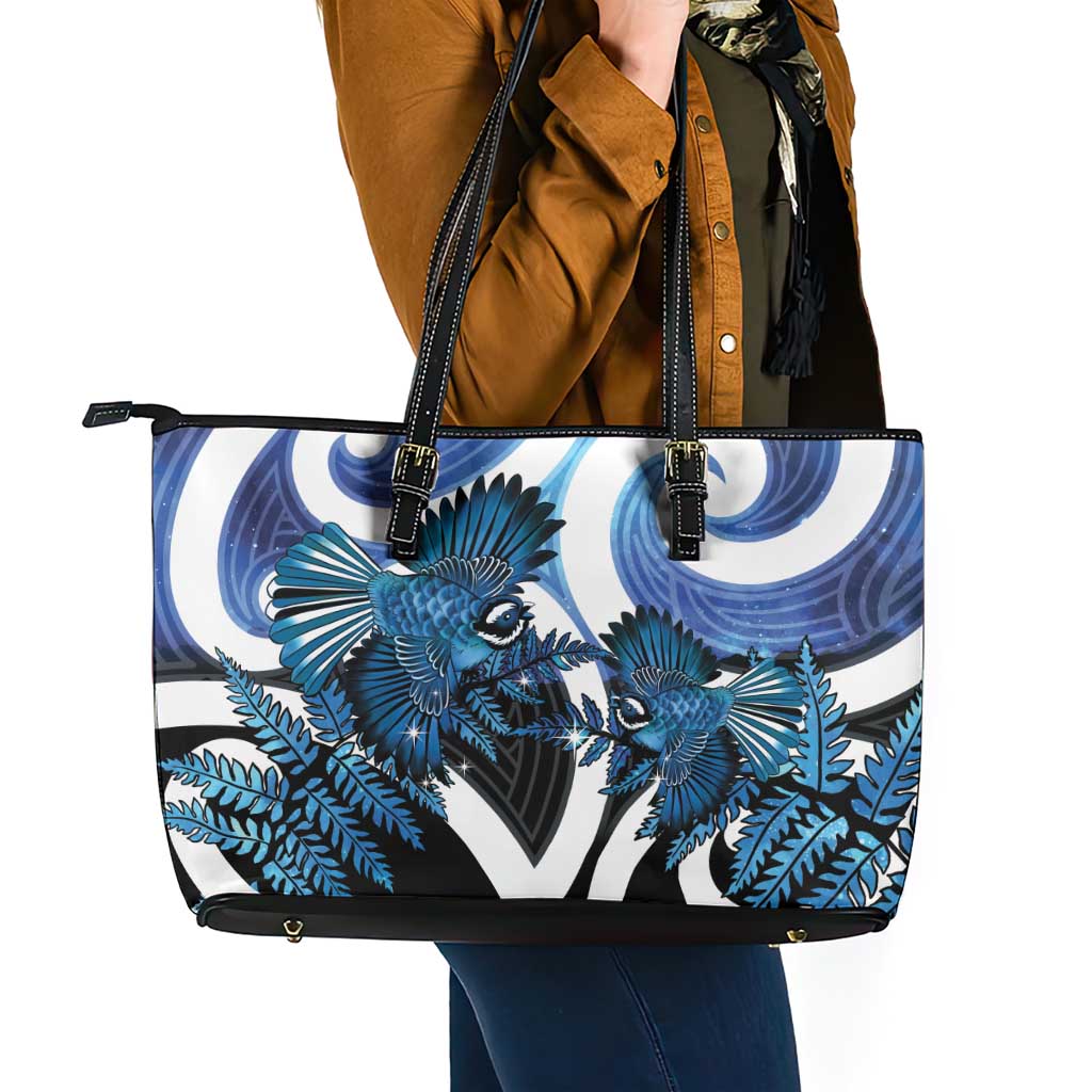 Piwakawaka New Zealand Matariki Leather Tote Bag Maori New Year Silver Fern Blue Galaxy LT14 - Polynesian Pride