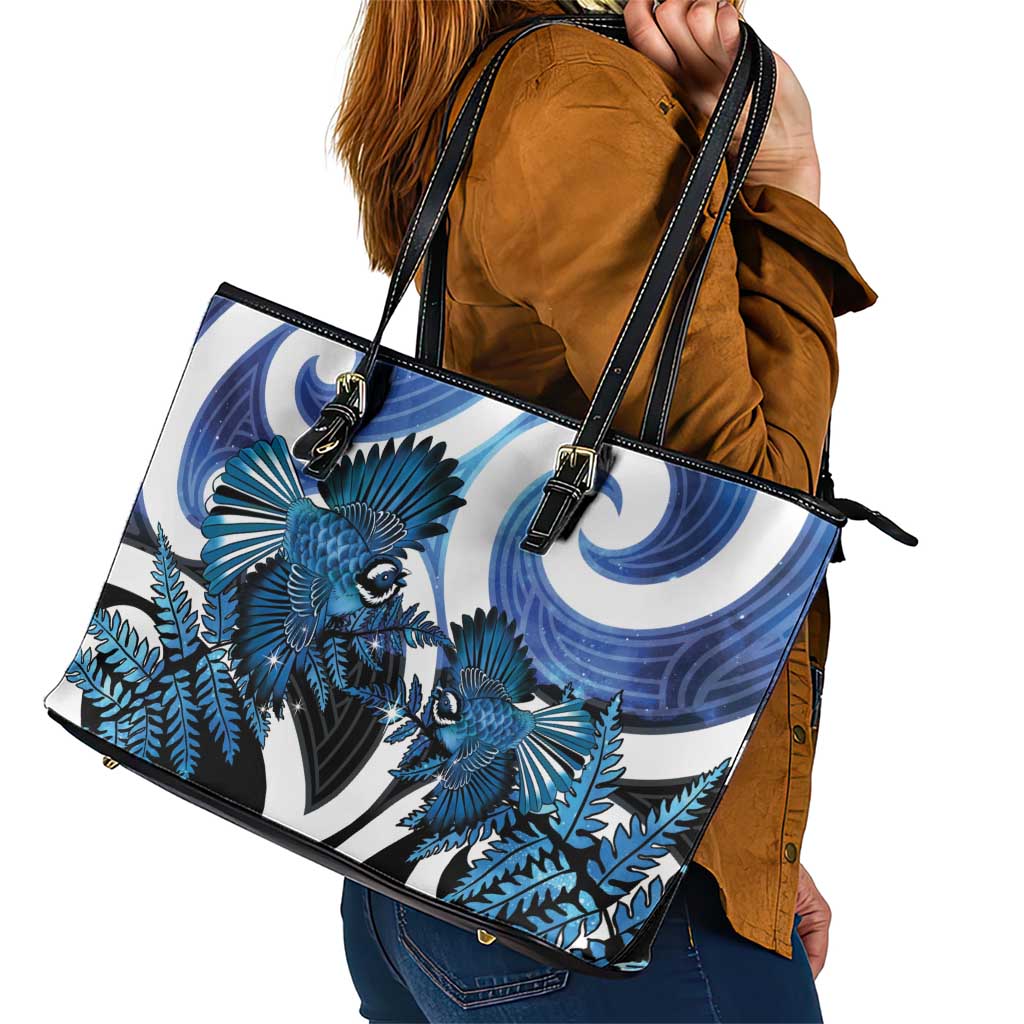 Piwakawaka New Zealand Matariki Leather Tote Bag Maori New Year Silver Fern Blue Galaxy LT14 - Polynesian Pride