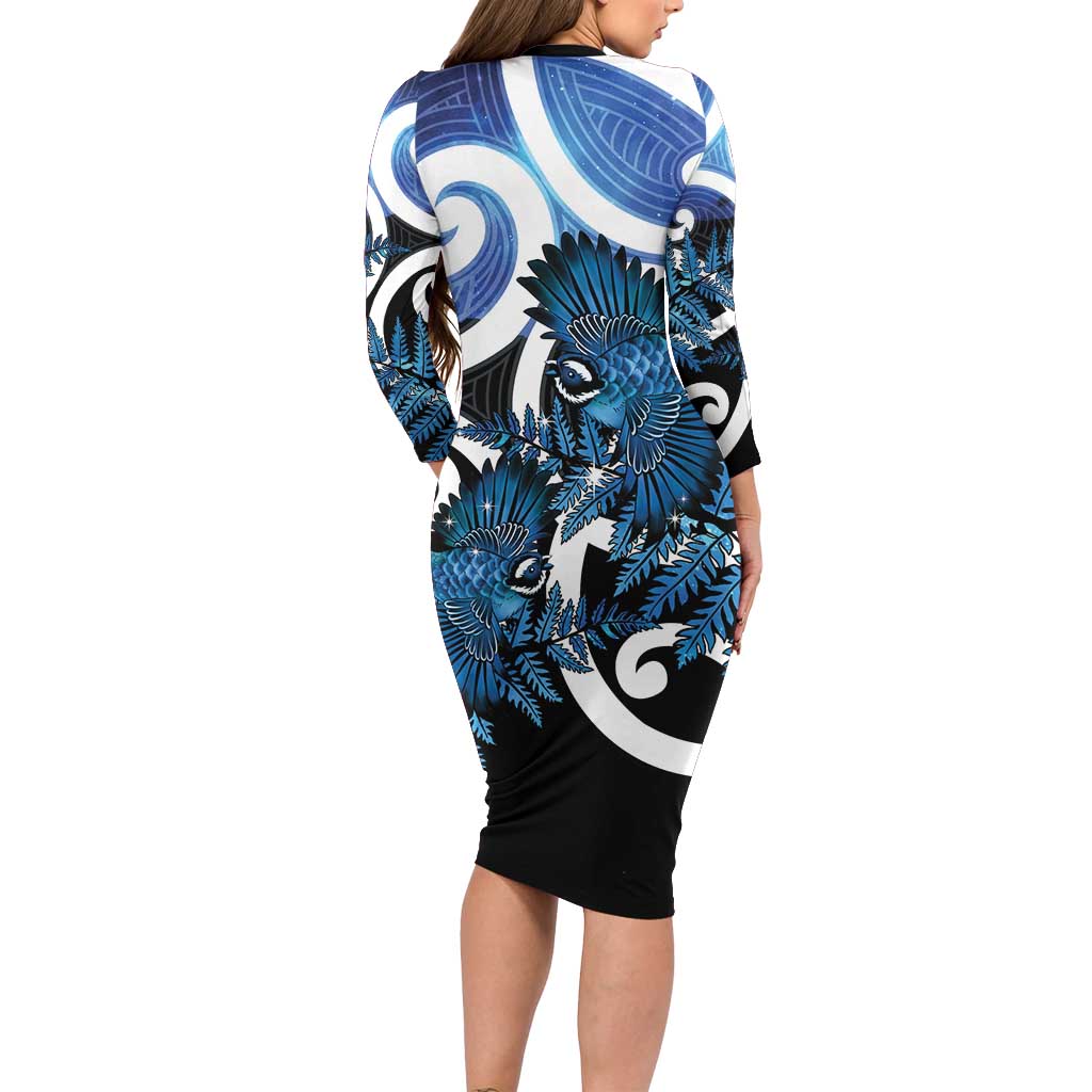 Piwakawaka New Zealand Matariki Long Sleeve Bodycon Dress Maori New Year Silver Fern Blue Galaxy LT14 - Polynesian Pride