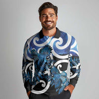Piwakawaka New Zealand Matariki Long Sleeve Polo Shirt Maori New Year Silver Fern Blue Galaxy LT14 - Polynesian Pride
