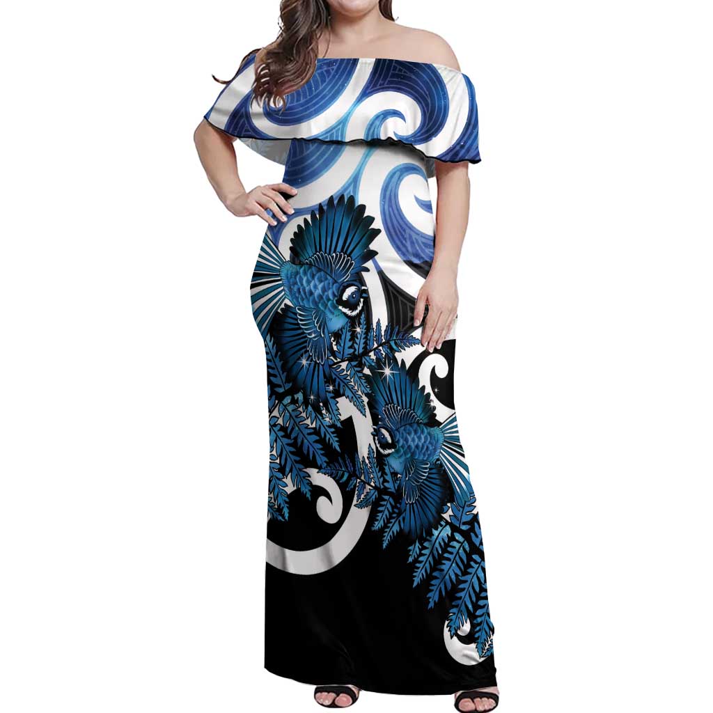 Piwakawaka New Zealand Matariki Off Shoulder Maxi Dress Maori New Year Silver Fern Blue Galaxy