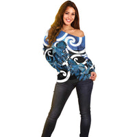 Piwakawaka New Zealand Matariki Off Shoulder Sweater Maori New Year Silver Fern Blue Galaxy LT14 - Polynesian Pride
