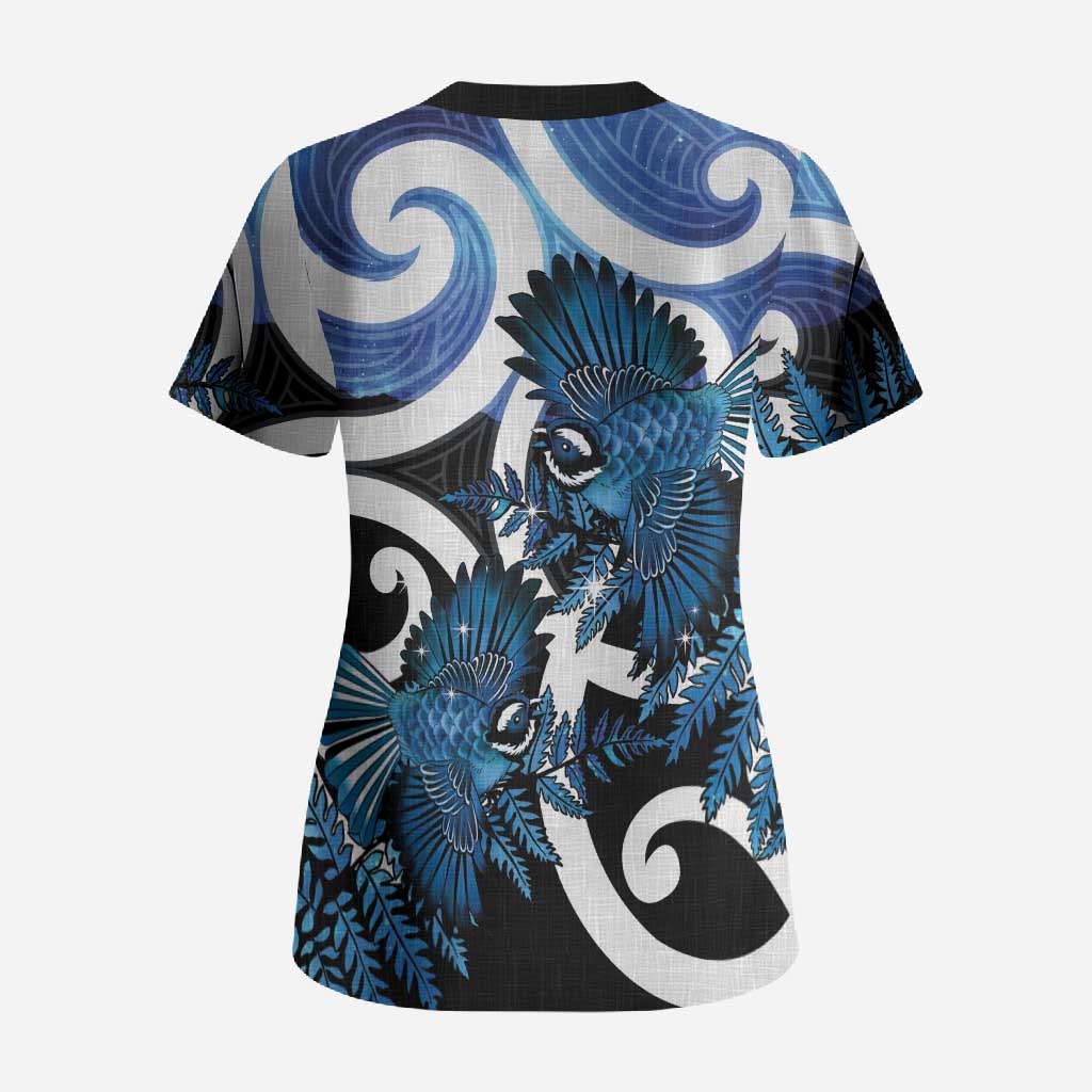 Piwakawaka New Zealand Matariki Scrub Top Maori New Year Silver Fern Blue Galaxy LT14 - Polynesian Pride