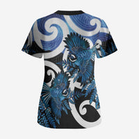 Piwakawaka New Zealand Matariki Scrub Top Maori New Year Silver Fern Blue Galaxy LT14 - Polynesian Pride
