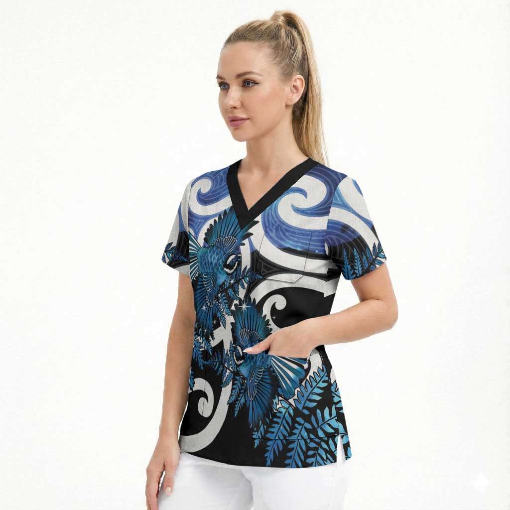 Piwakawaka New Zealand Matariki Scrub Top Maori New Year Silver Fern Blue Galaxy LT14 - Polynesian Pride