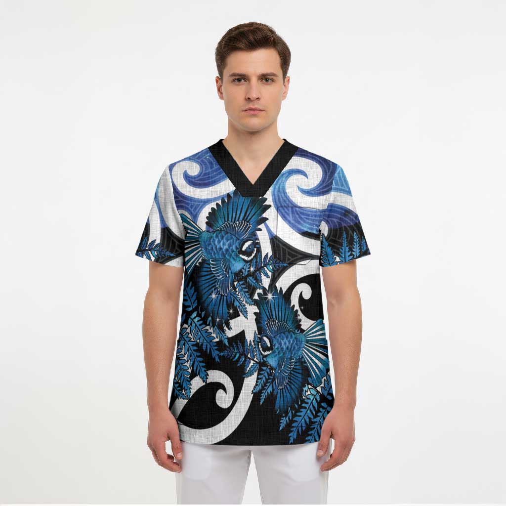 Piwakawaka New Zealand Matariki Scrub Top Maori New Year Silver Fern Blue Galaxy LT14 - Polynesian Pride