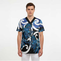 Piwakawaka New Zealand Matariki Scrub Top Maori New Year Silver Fern Blue Galaxy LT14 - Polynesian Pride