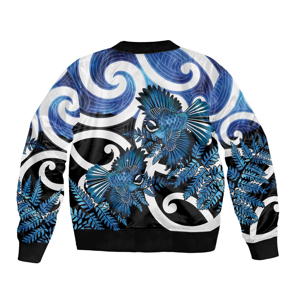 Piwakawaka New Zealand Matariki Sleeve Zip Bomber Jacket Maori New Year Silver Fern Blue Galaxy LT14 - Polynesian Pride