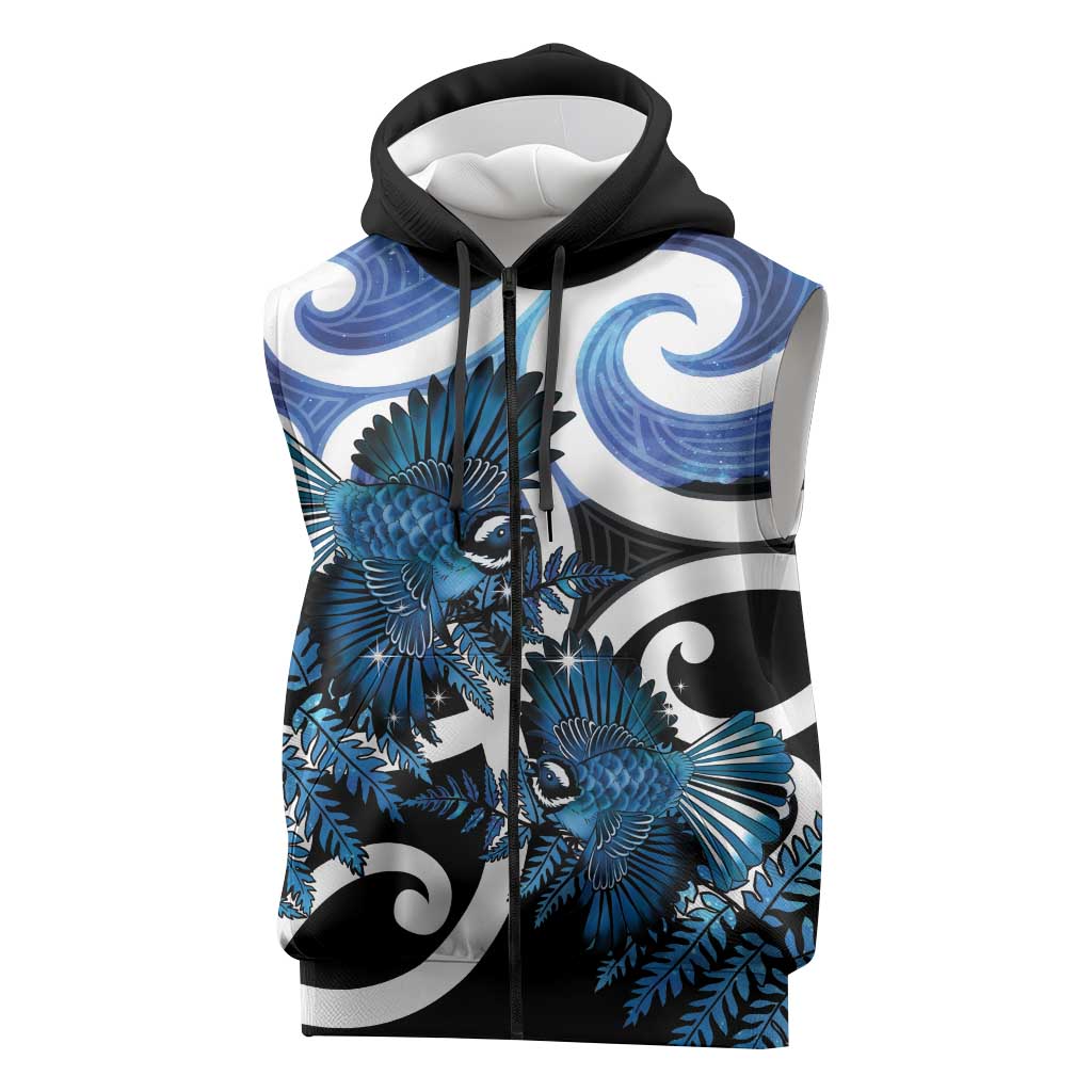 Piwakawaka New Zealand Matariki Sleeveless Zip Hoodie Maori New Year Silver Fern Blue Galaxy