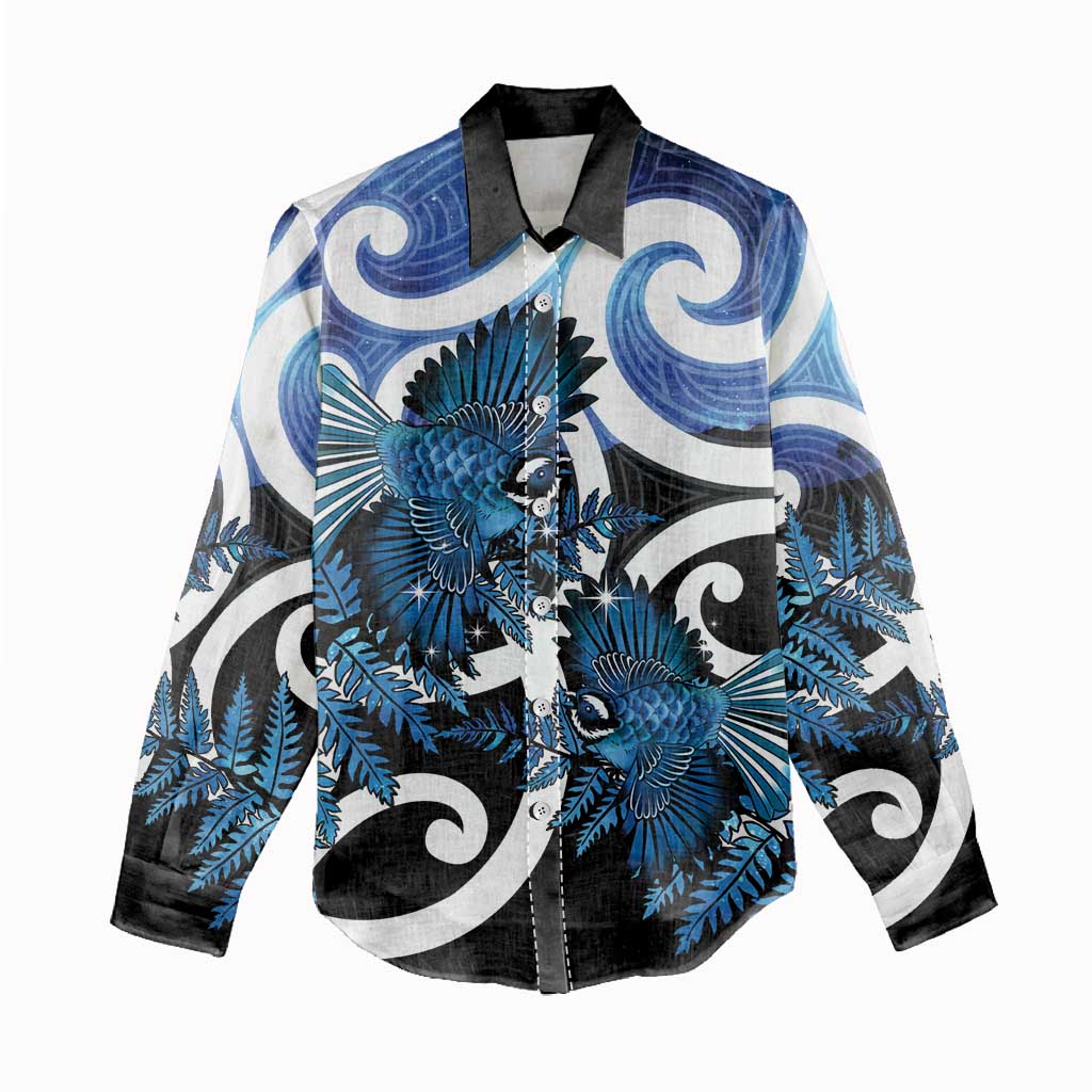 Piwakawaka New Zealand Matariki Women Casual Shirt Maori New Year Silver Fern Blue Galaxy LT14 - Polynesian Pride