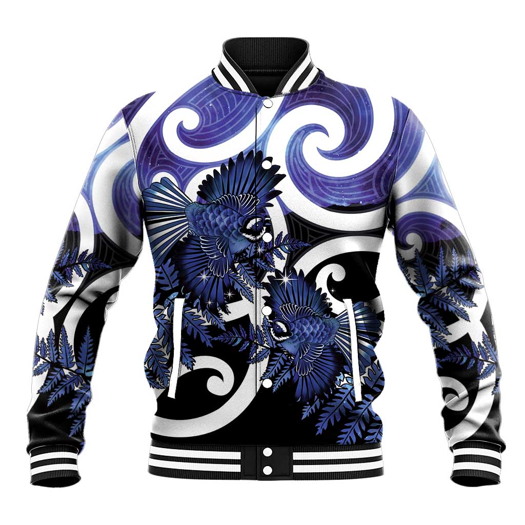 Piwakawaka New Zealand Matariki Baseball Jacket Maori New Year Silver Fern Purple Galaxy LT14 Unisex Purple - Polynesian Pride