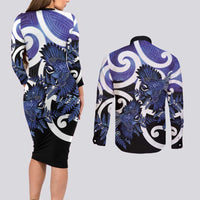Piwakawaka New Zealand Matariki Couples Matching Long Sleeve Bodycon Dress and Long Sleeve Button Shirt Maori New Year Silver Fern Purple Galaxy LT14 - Polynesian Pride