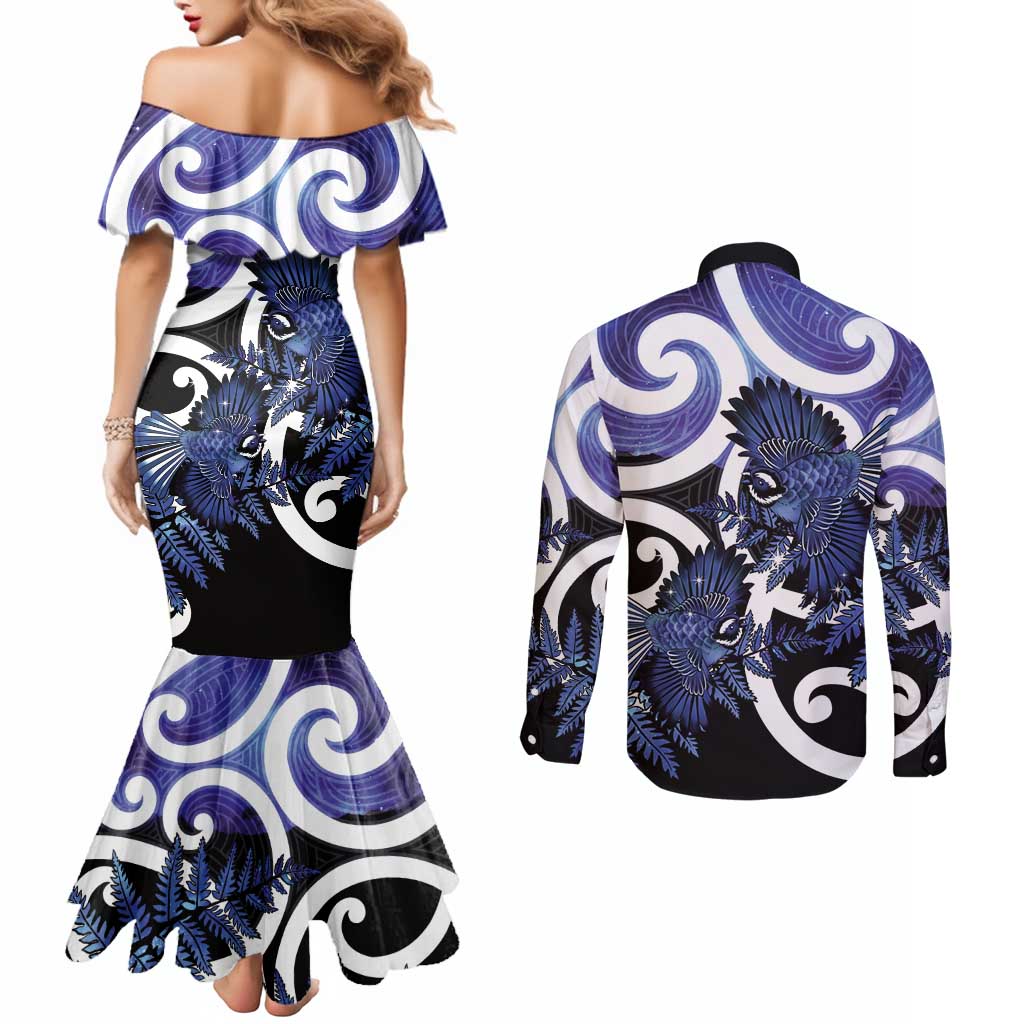 Piwakawaka New Zealand Matariki Couples Matching Mermaid Dress and Long Sleeve Button Shirt Maori New Year Silver Fern Purple Galaxy LT14 - Polynesian Pride