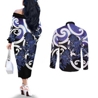 Piwakawaka New Zealand Matariki Couples Matching Off The Shoulder Long Sleeve Dress and Long Sleeve Button Shirt Maori New Year Silver Fern Purple Galaxy LT14 - Polynesian Pride