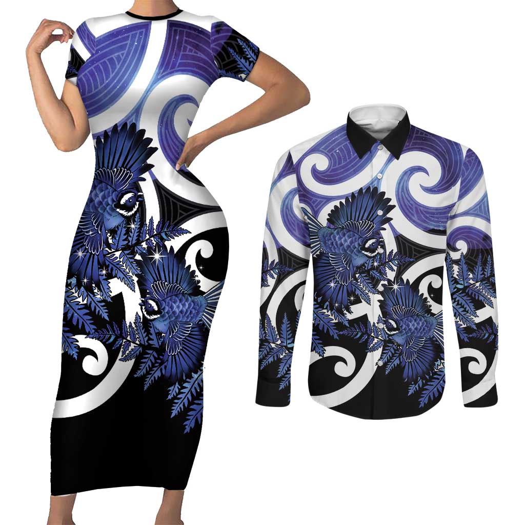 Piwakawaka New Zealand Matariki Couples Matching Short Sleeve Bodycon Dress and Long Sleeve Button Shirt Maori New Year Silver Fern Purple Galaxy