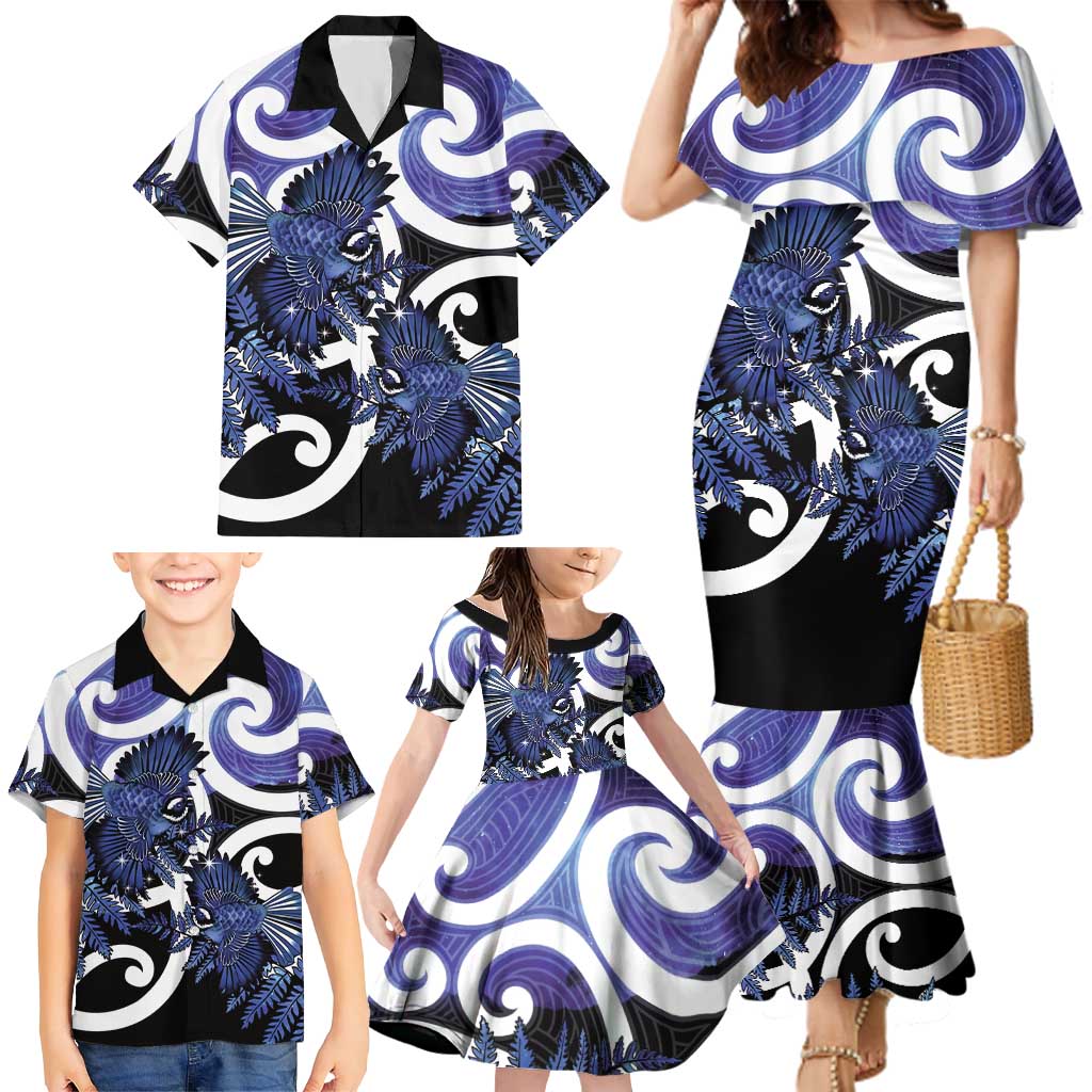 Piwakawaka New Zealand Matariki Family Matching Mermaid Dress and Hawaiian Shirt Maori New Year Silver Fern Purple Galaxy