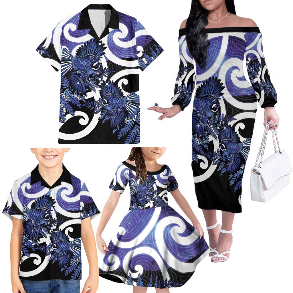 Piwakawaka New Zealand Matariki Family Matching Off The Shoulder Long Sleeve Dress and Hawaiian Shirt Maori New Year Silver Fern Purple Galaxy LT14 - Polynesian Pride
