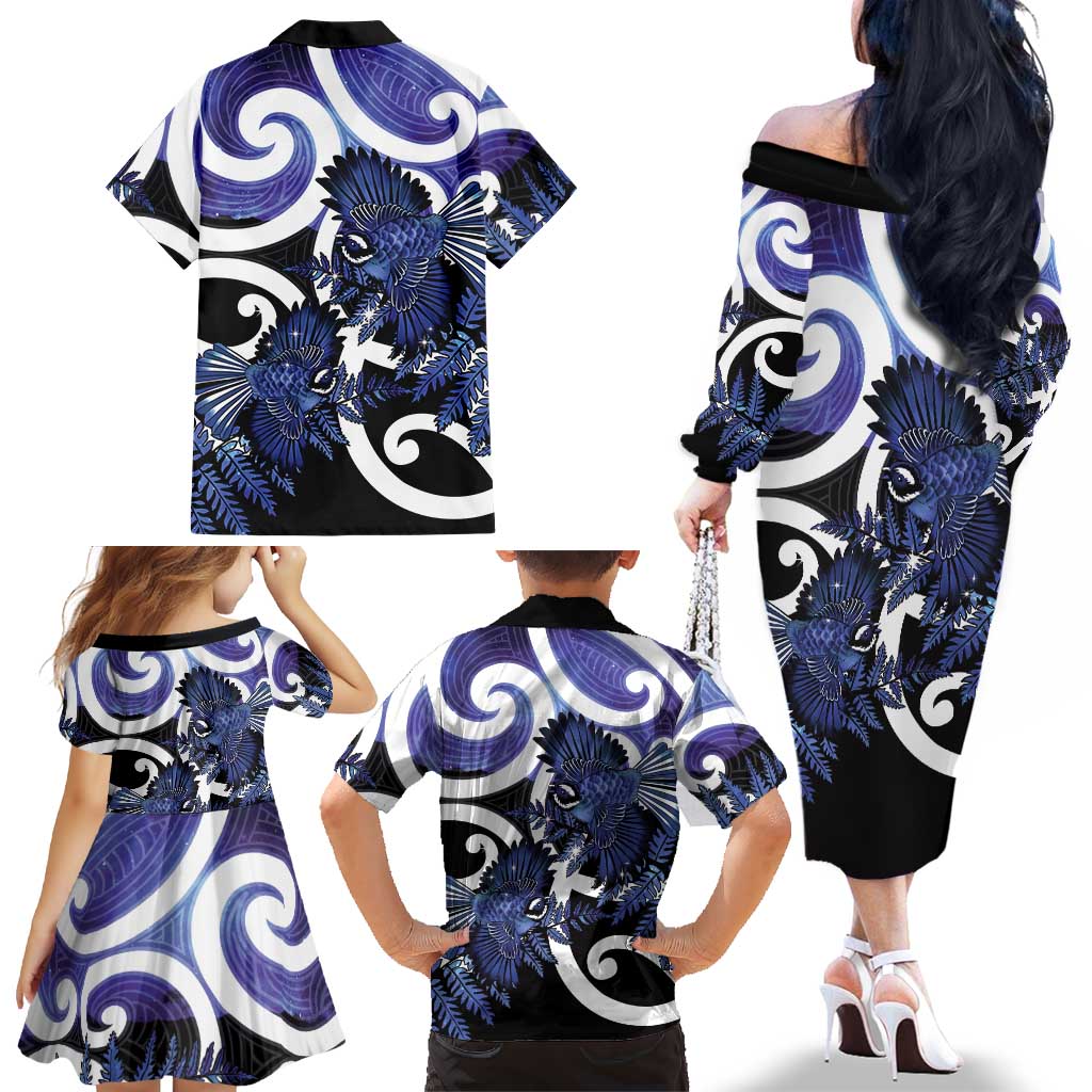 Piwakawaka New Zealand Matariki Family Matching Off The Shoulder Long Sleeve Dress and Hawaiian Shirt Maori New Year Silver Fern Purple Galaxy LT14 - Polynesian Pride