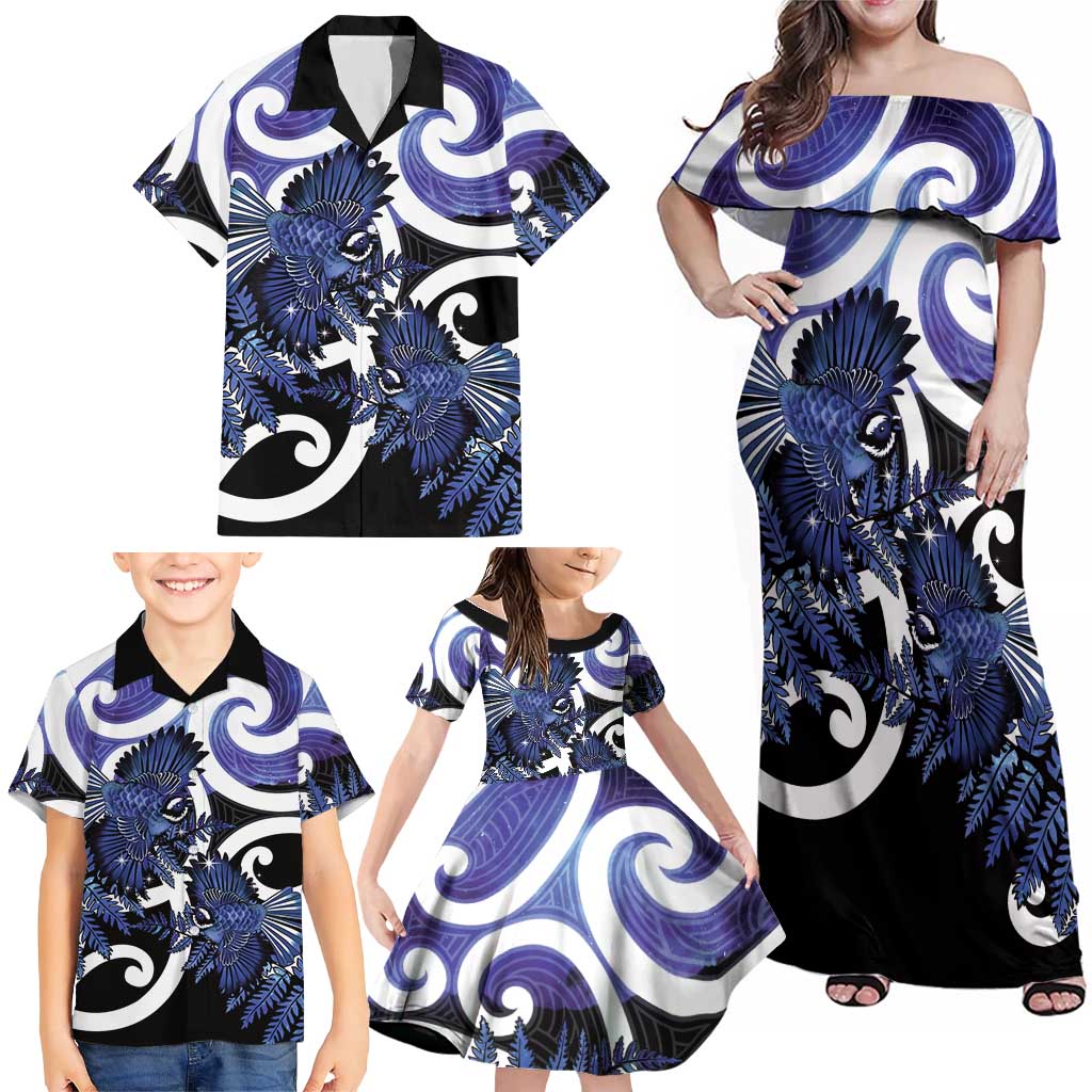 Piwakawaka New Zealand Matariki Family Matching Off Shoulder Maxi Dress and Hawaiian Shirt Maori New Year Silver Fern Purple Galaxy