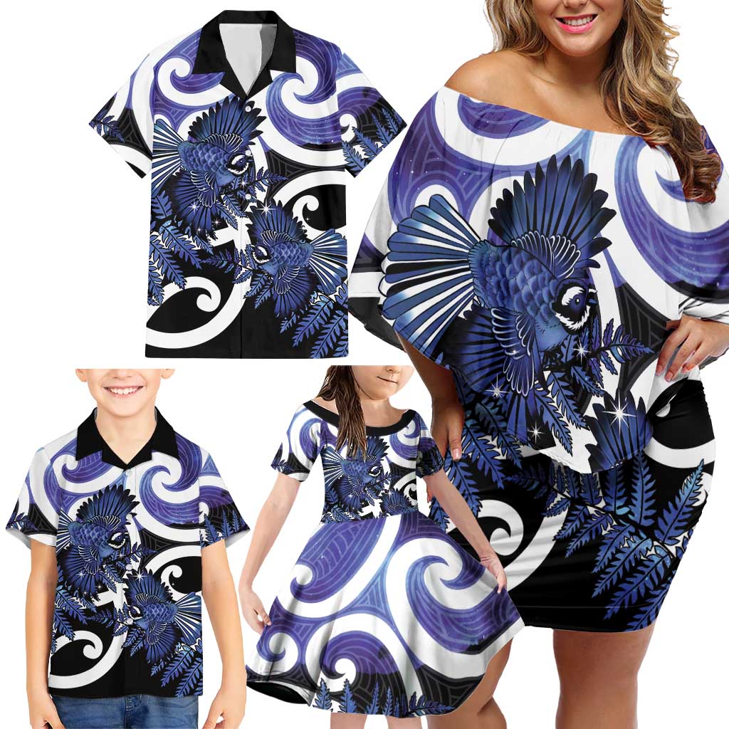 Piwakawaka New Zealand Matariki Family Matching Off Shoulder Short Dress and Hawaiian Shirt Maori New Year Silver Fern Purple Galaxy LT14 - Polynesian Pride