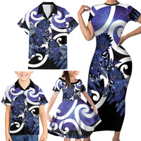 Piwakawaka New Zealand Matariki Family Matching Short Sleeve Bodycon Dress and Hawaiian Shirt Maori New Year Silver Fern Purple Galaxy LT14 - Polynesian Pride