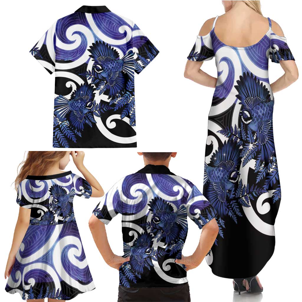 Piwakawaka New Zealand Matariki Family Matching Summer Maxi Dress and Hawaiian Shirt Maori New Year Silver Fern Purple Galaxy LT14 - Polynesian Pride