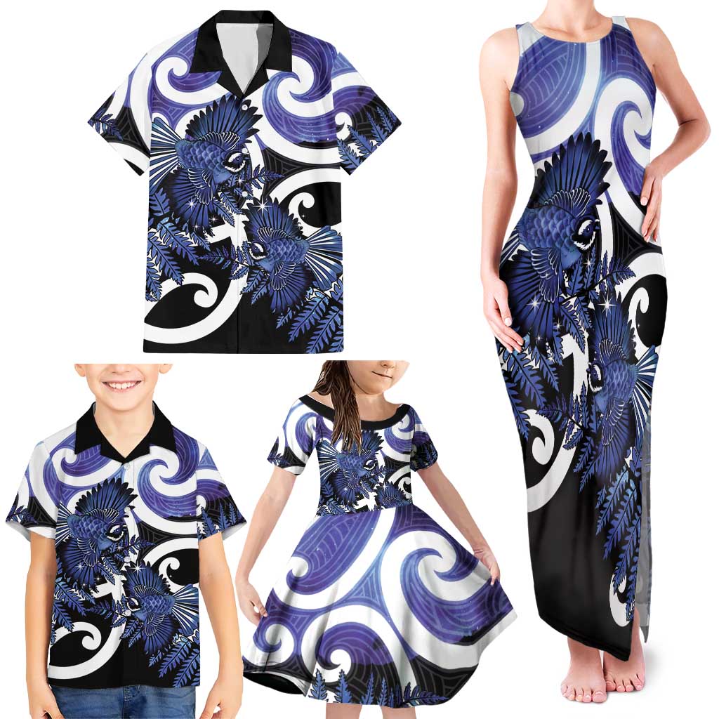Piwakawaka New Zealand Matariki Family Matching Tank Maxi Dress and Hawaiian Shirt Maori New Year Silver Fern Purple Galaxy