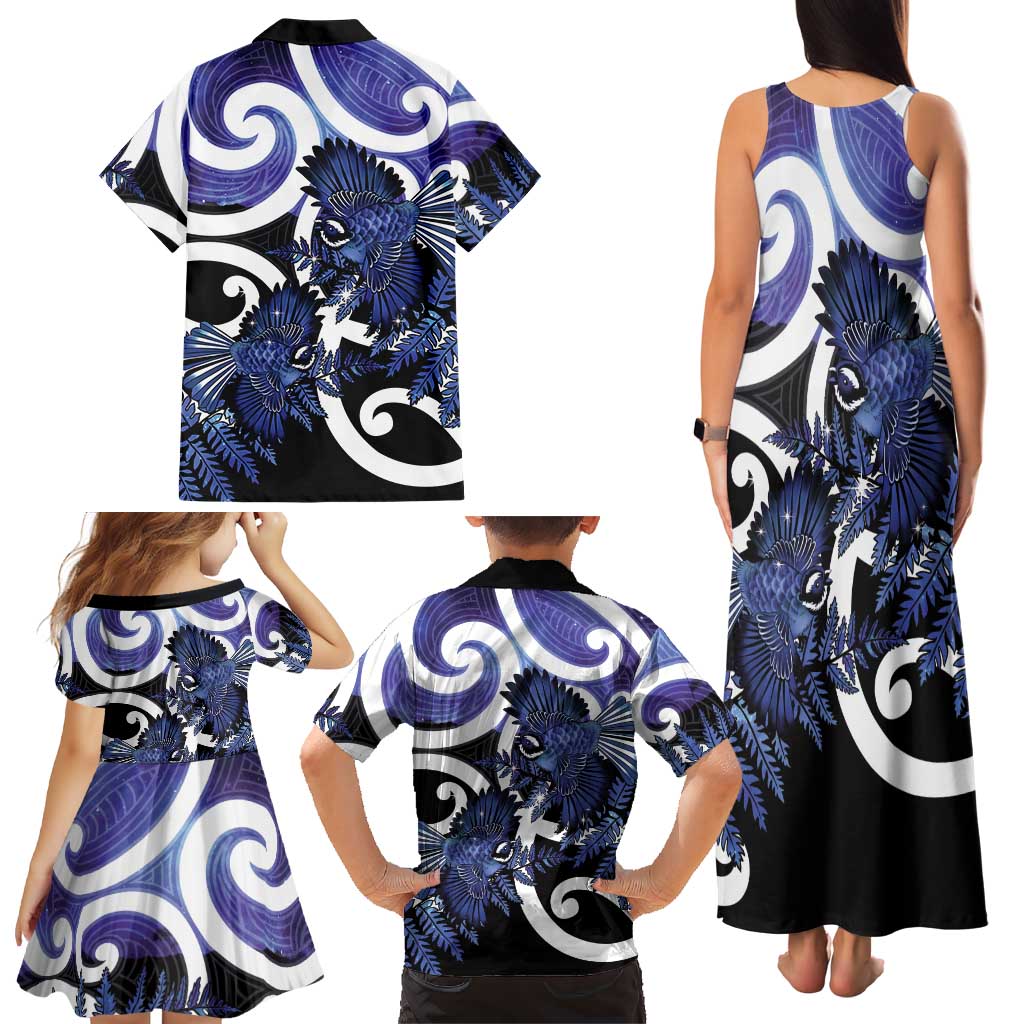 Piwakawaka New Zealand Matariki Family Matching Tank Maxi Dress and Hawaiian Shirt Maori New Year Silver Fern Purple Galaxy LT14 - Polynesian Pride