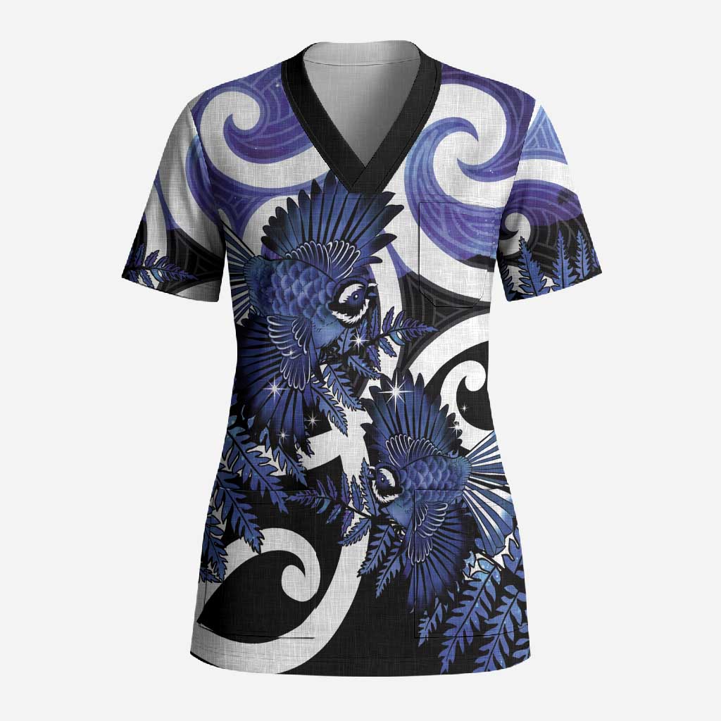 Piwakawaka New Zealand Matariki Scrub Top Maori New Year Silver Fern Purple Galaxy LT14 Adult Purple - Polynesian Pride