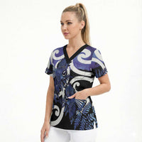 Piwakawaka New Zealand Matariki Scrub Top Maori New Year Silver Fern Purple Galaxy LT14 - Polynesian Pride