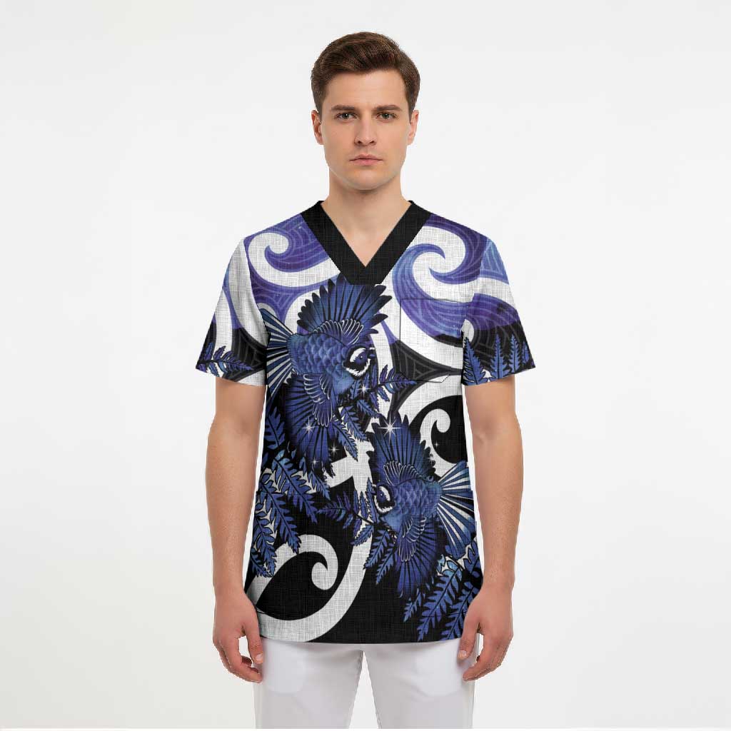 Piwakawaka New Zealand Matariki Scrub Top Maori New Year Silver Fern Purple Galaxy LT14 - Polynesian Pride