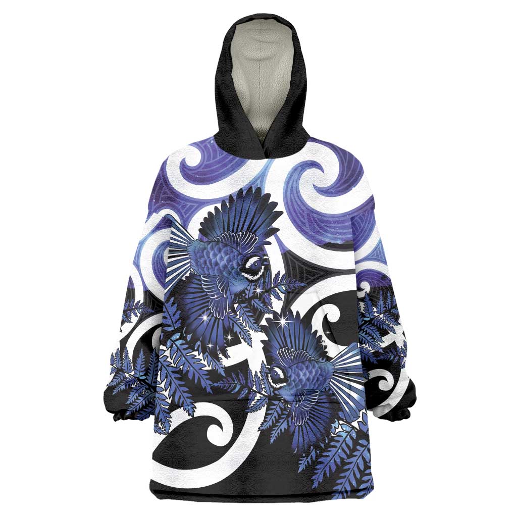 Piwakawaka New Zealand Matariki Wearable Blanket Hoodie Maori New Year Silver Fern Purple Galaxy