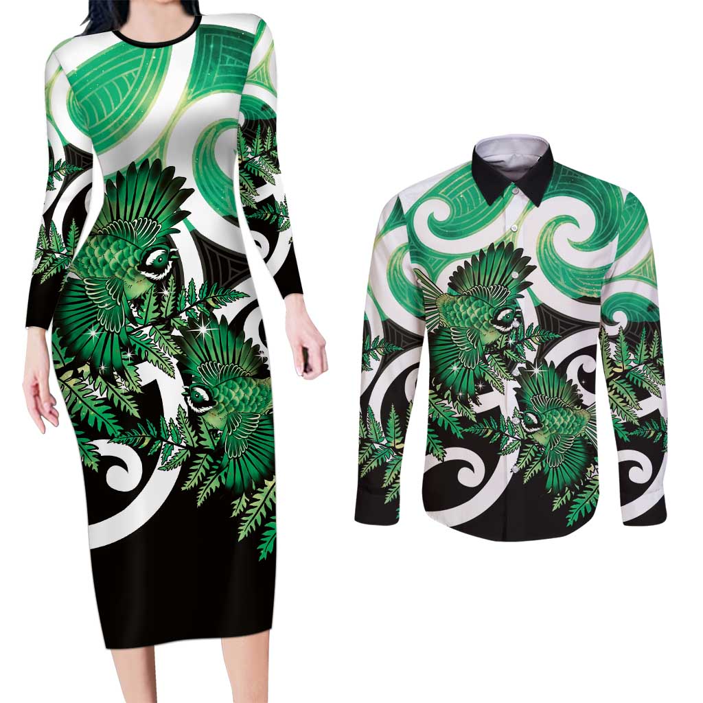 Piwakawaka New Zealand Matariki Couples Matching Long Sleeve Bodycon Dress and Long Sleeve Button Shirt Maori New Year Silver Fern Green Galaxy