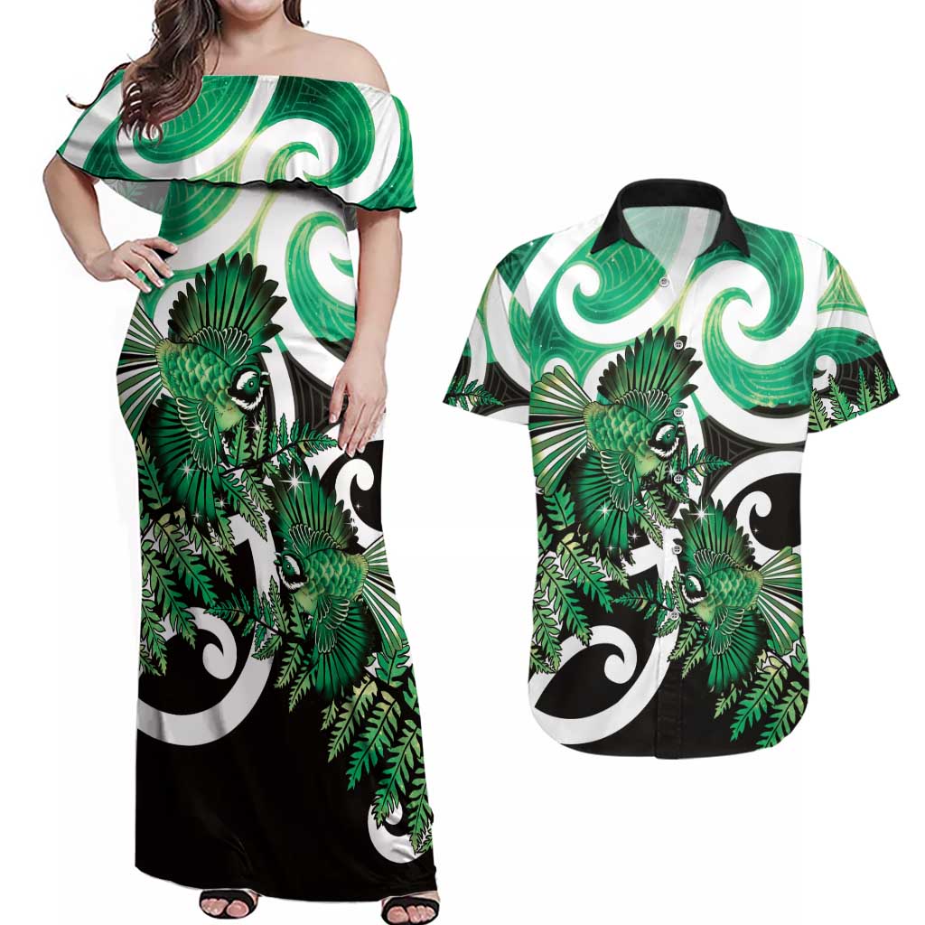 Piwakawaka New Zealand Matariki Couples Matching Off Shoulder Maxi Dress and Hawaiian Shirt Maori New Year Silver Fern Green Galaxy LT14 Green - Polynesian Pride