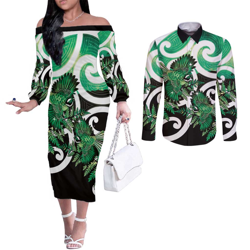 Piwakawaka New Zealand Matariki Couples Matching Off The Shoulder Long Sleeve Dress and Long Sleeve Button Shirt Maori New Year Silver Fern Green Galaxy
