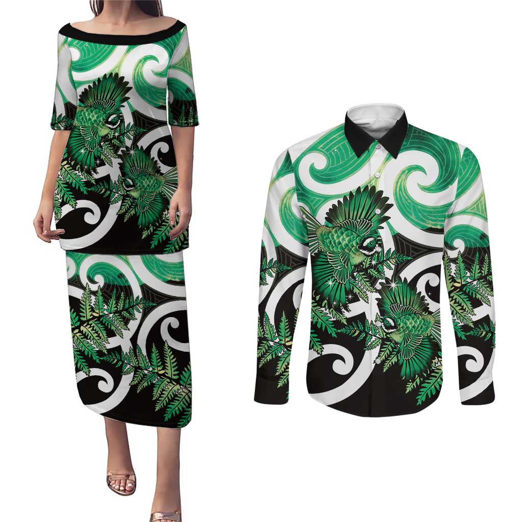 Piwakawaka New Zealand Matariki Couples Matching Puletasi and Long Sleeve Button Shirt Maori New Year Silver Fern Green Galaxy LT14 Green - Polynesian Pride