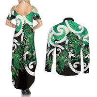 Piwakawaka New Zealand Matariki Couples Matching Summer Maxi Dress and Long Sleeve Button Shirt Maori New Year Silver Fern Green Galaxy LT14 - Polynesian Pride