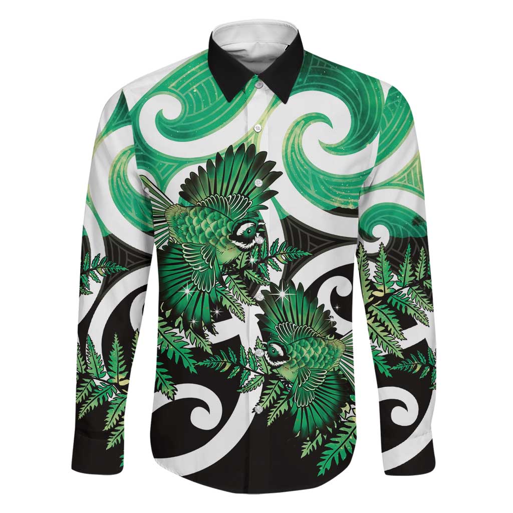 Piwakawaka New Zealand Matariki Family Matching Off Shoulder Maxi Dress and Hawaiian Shirt Maori New Year Silver Fern Green Galaxy LT14 Dad's Shirt - Long Sleeve Green - Polynesian Pride