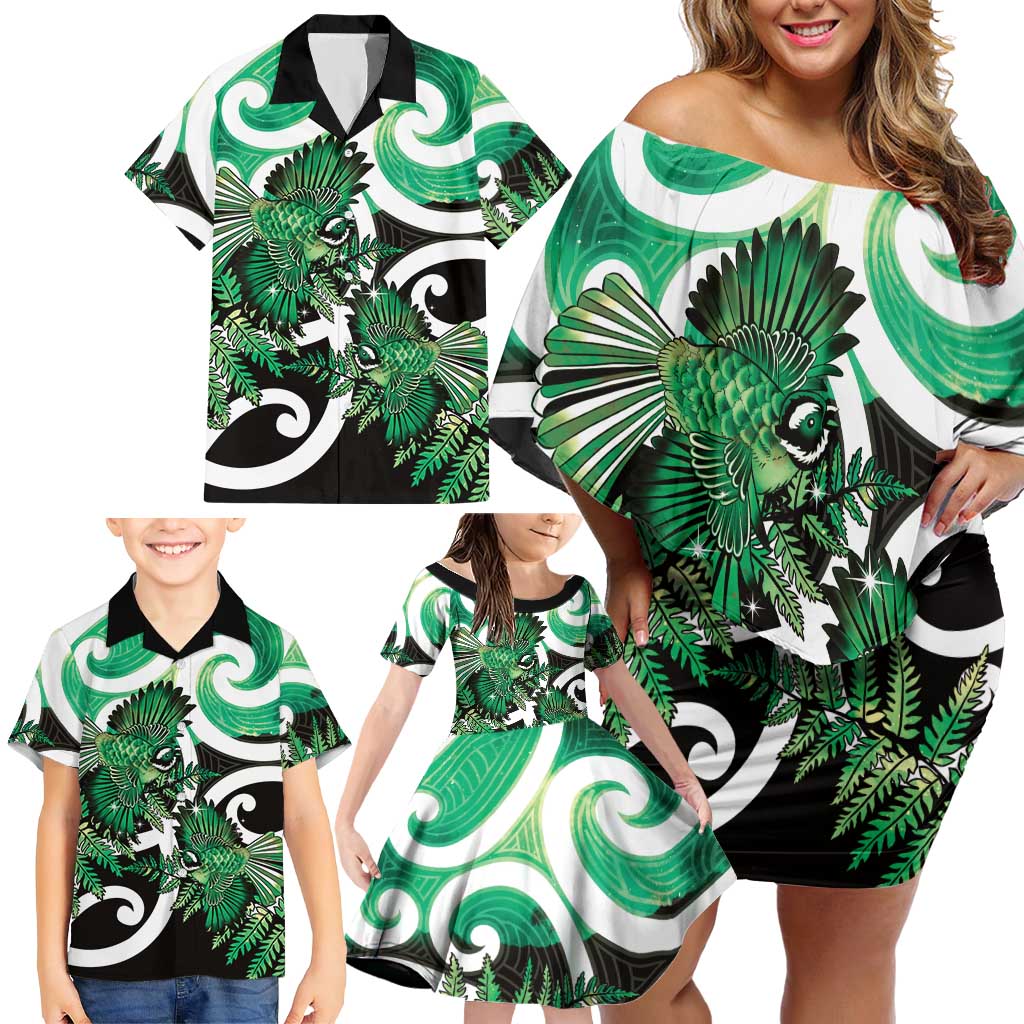 Piwakawaka New Zealand Matariki Family Matching Off Shoulder Short Dress and Hawaiian Shirt Maori New Year Silver Fern Green Galaxy LT14 - Polynesian Pride