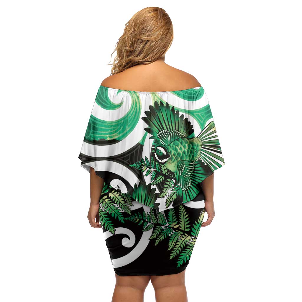 Piwakawaka New Zealand Matariki Family Matching Off Shoulder Short Dress and Hawaiian Shirt Maori New Year Silver Fern Green Galaxy LT14 - Polynesian Pride