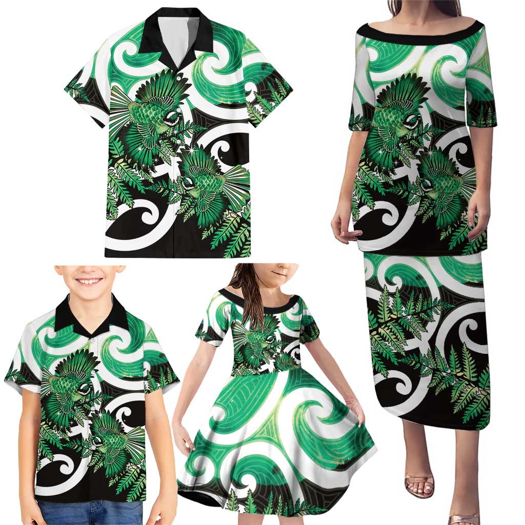 Piwakawaka New Zealand Matariki Family Matching Puletasi and Hawaiian Shirt Maori New Year Silver Fern Green Galaxy