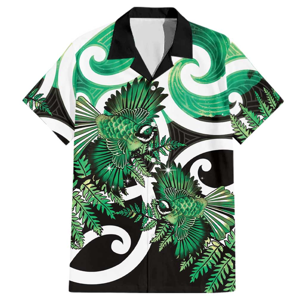 Piwakawaka New Zealand Matariki Family Matching Short Sleeve Bodycon Dress and Hawaiian Shirt Maori New Year Silver Fern Green Galaxy LT14 Dad's Shirt - Short Sleeve Green - Polynesian Pride
